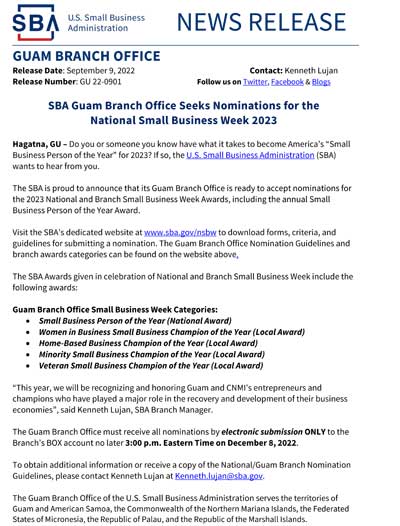 2023 NSBW Nominations for Small Business Person of the Year press release