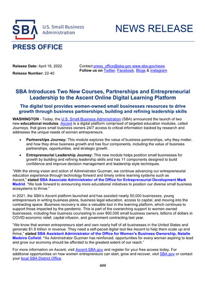 NEWS RELEASE 22-40 - SBA Intr 2 New Courses 