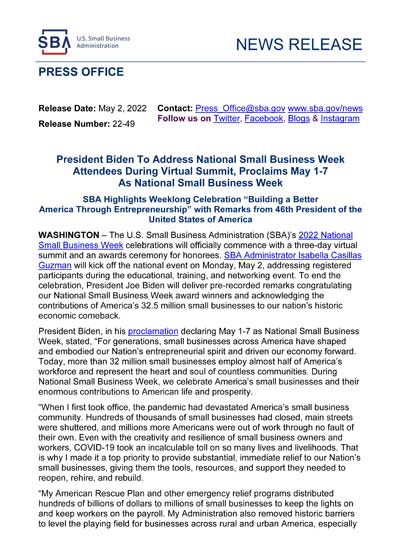 NEWS RELEASE - Biden address National Small Business Week